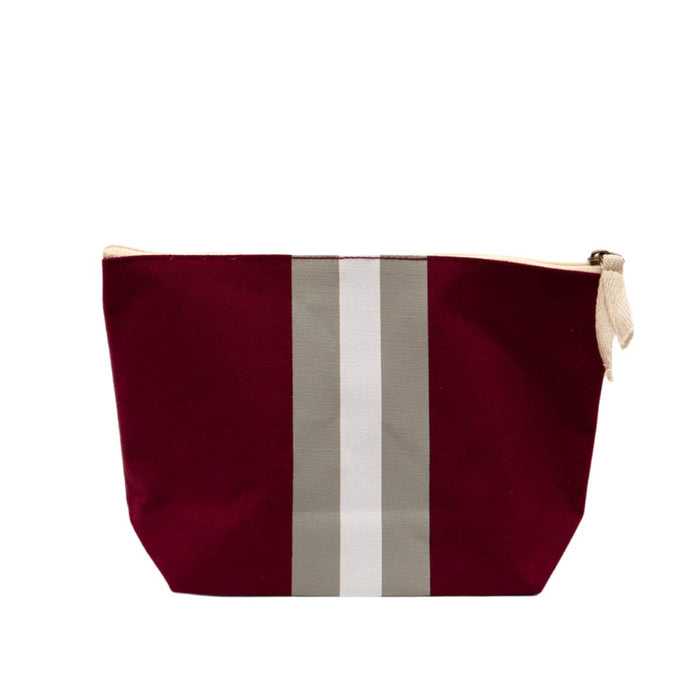 Personalized campus stripe cosmetic bag maroon white gray — custom monogram, graduation and school gift