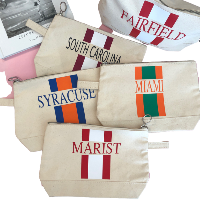 Personalized canvas makeup case — shown open with contents