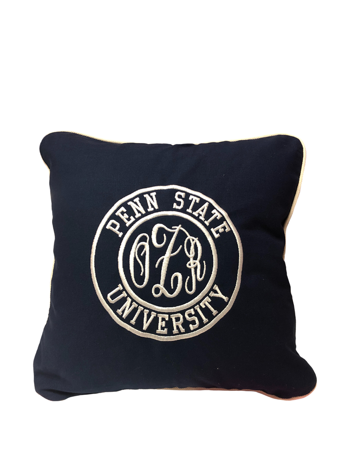 Personalized college pillow — embroidered school logo, dorm room gift