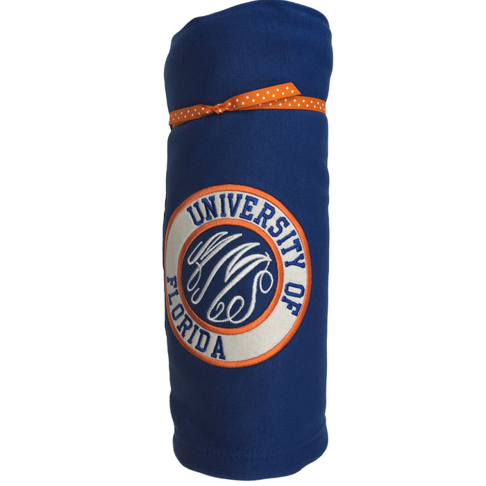 Personalized college sweatshirt blanket — royal blue colorway with school logo