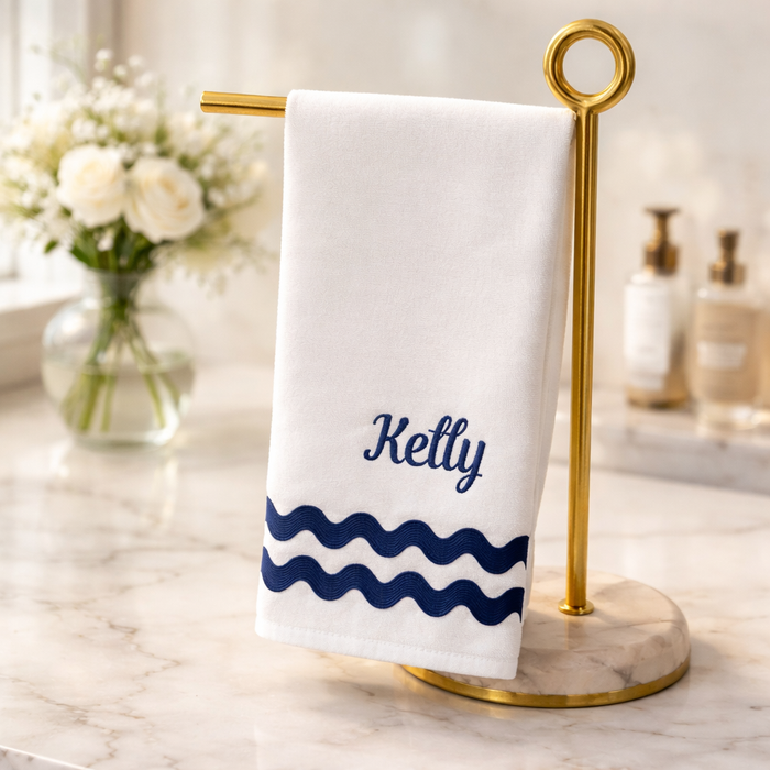 Personalized Embroidered Guest Towel – Custom Name with Navy Ric Rac Trim