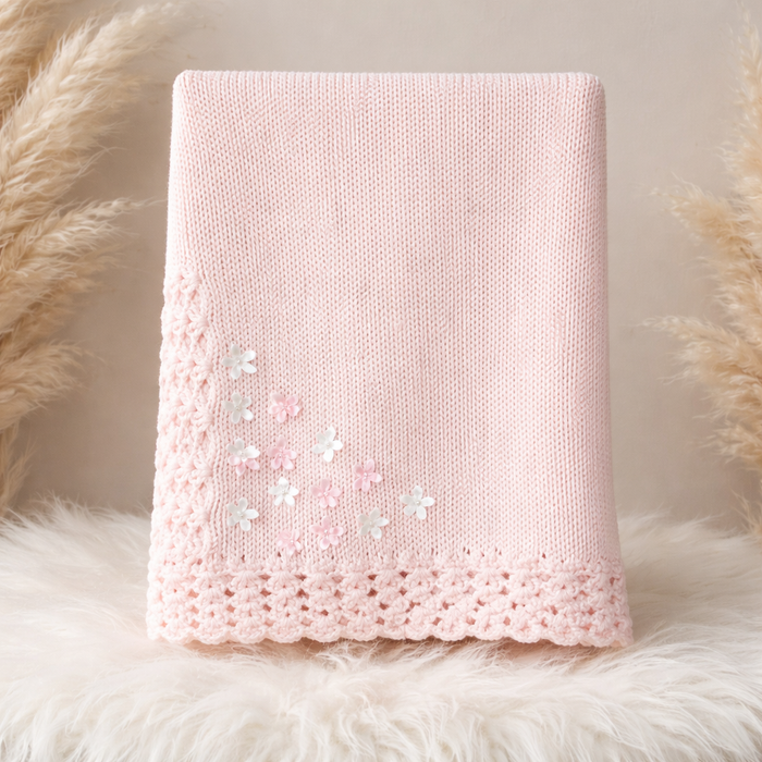 Personalized Hand Knit Baby Blanket – Soft Pink Floral Heirloom Gift