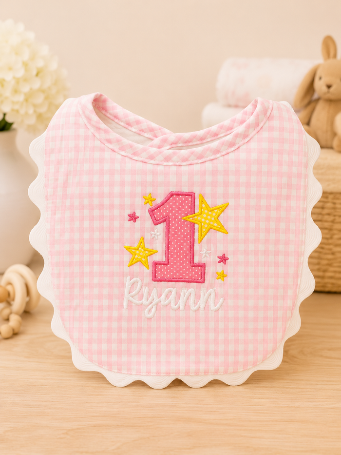 Personalized Pink Gingham Scallop Bib