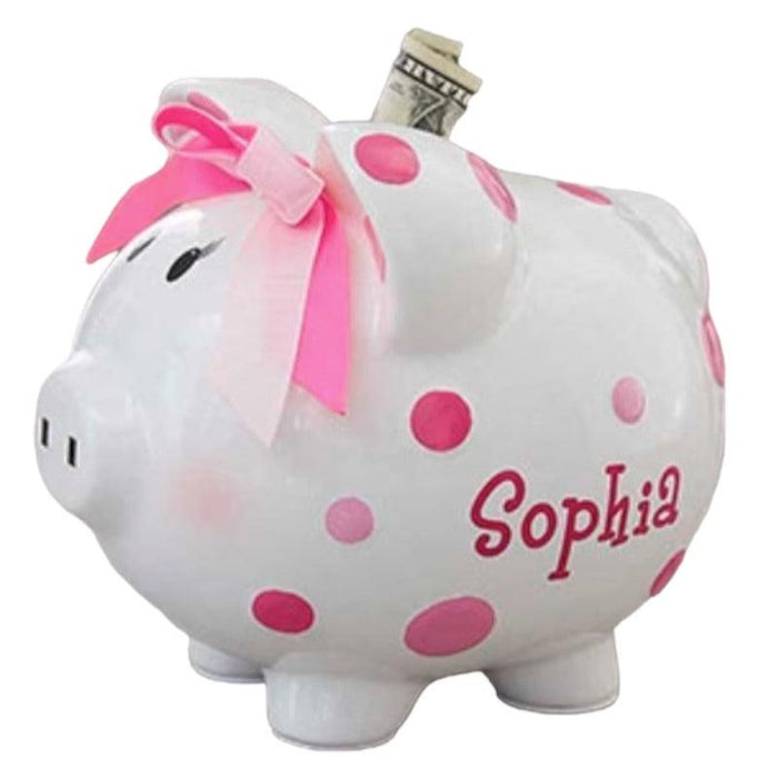 Personalized polka dot piggy bank — custom name in vinyl, baby shower and baptism gift