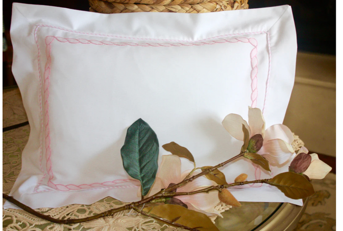 Personalized Rope Stitch Baby Pillow 12x16 White with Pink or Blue Roping