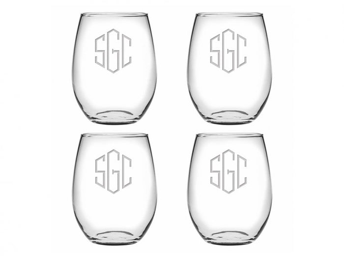 Personalized stemless wine glass — shown with monogram example