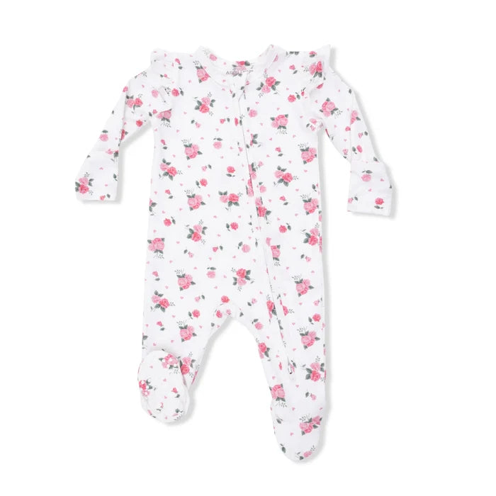 Pink Rosettes 2 Way Ruffle Sleeve Zipper Footie