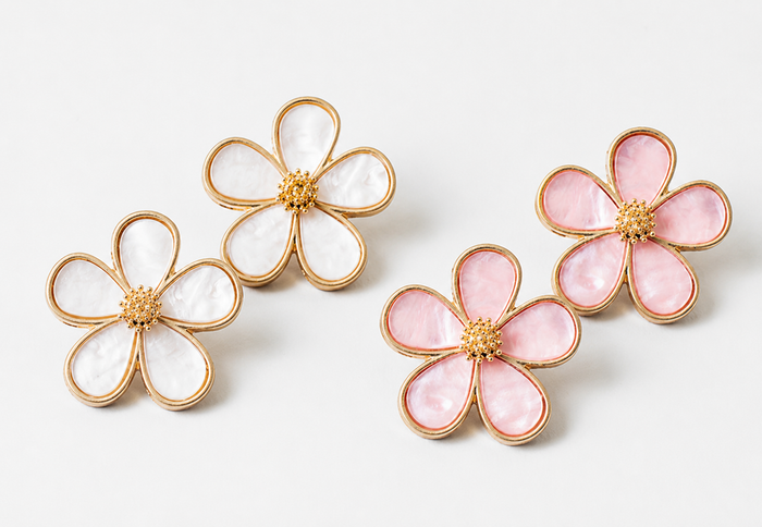 Pink & White Floral Stud Earrings | Gold Flower Statement Earrings