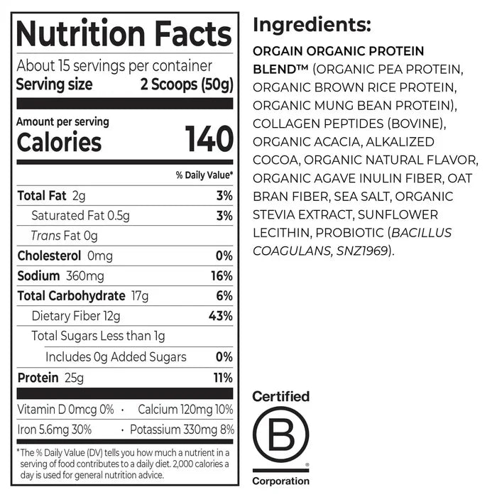 Nutrition facts label and ingredients list for a orgain plant proteion plus collagen chocolate flavor