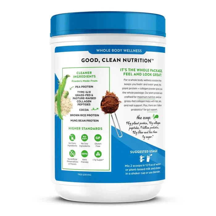 Good, Clean Nutrition protein powder container with blue and white design