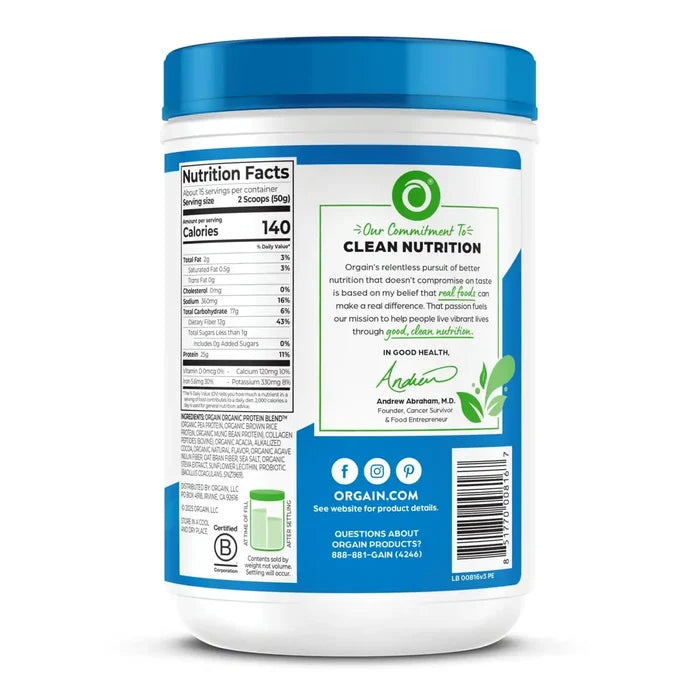Container of Orgain protein powder with label showing nutrition facts and branding.