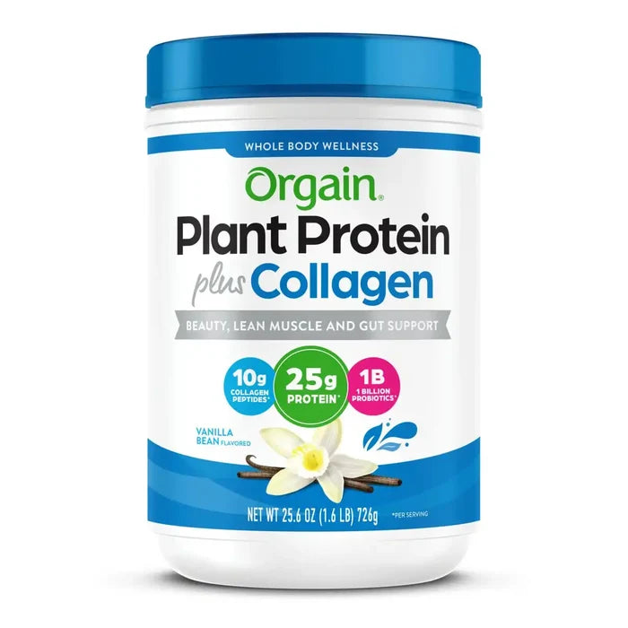 Orgain Plant Protein Plus Collagen container on a white background
