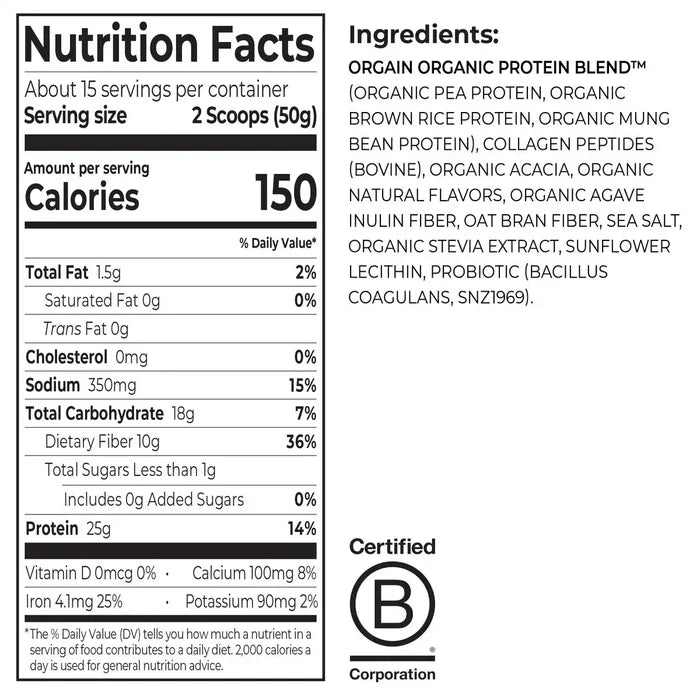 Nutrition facts and ingredients label for orgain plant protein plus collage vanilla bean flavor
