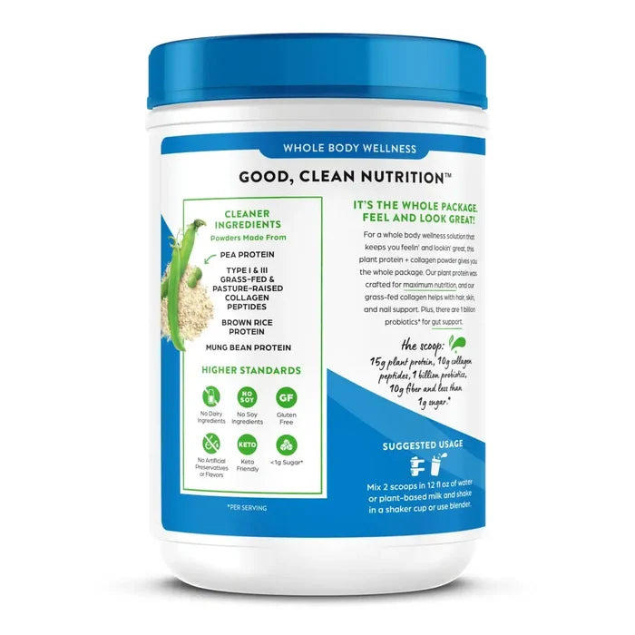 White protein powder container with blue lid and green text on a white background