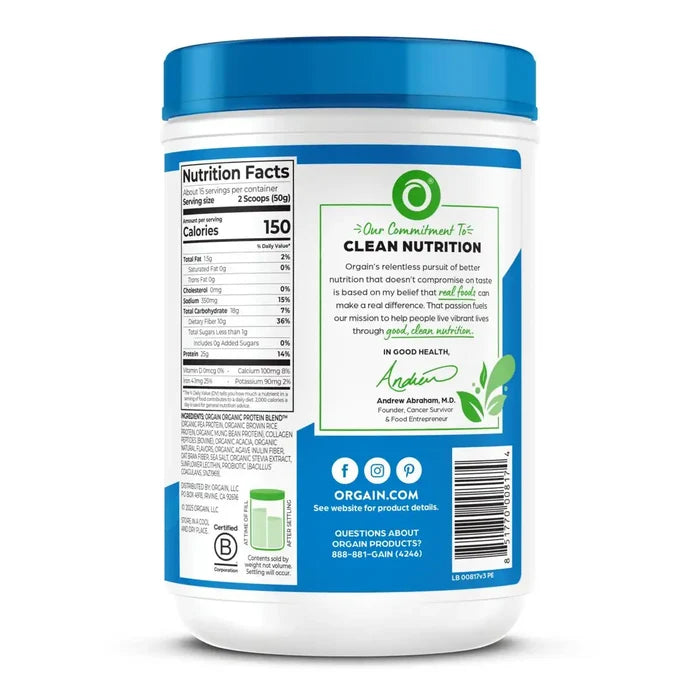 Container with a blue lid and white body displaying nutrition facts and branding on a white background