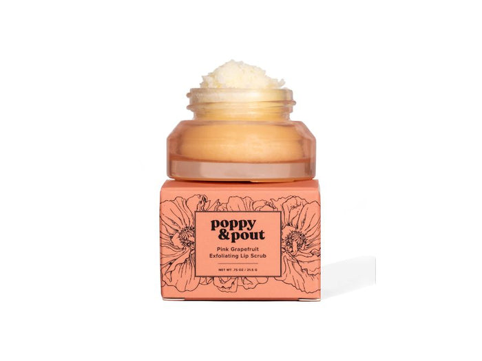 Poppy & Pout Pink Grapefruit Lip Scrub out of box and on white background with lid off showing texture of scrub