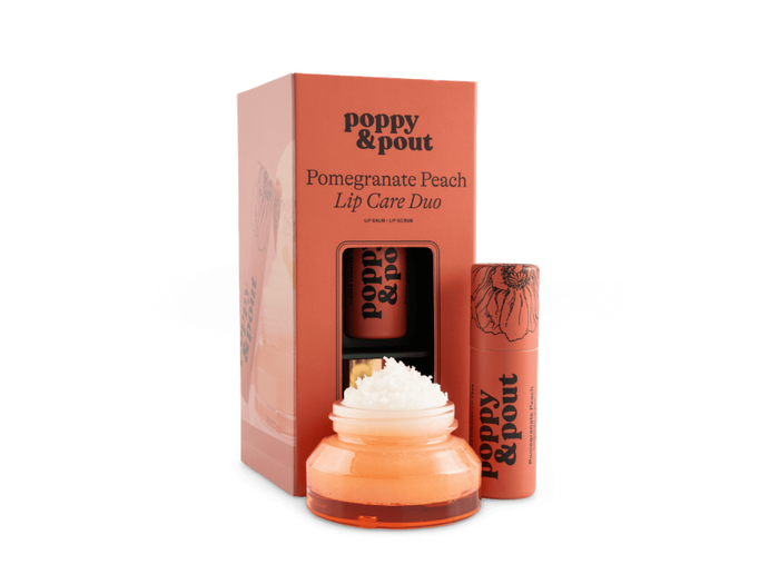 Poppy & Pout lip care duo with packaging on a white background
