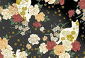 QuiltGate - Hyakka Ryoran Flower Cats Cotton Fabric - Black Burgundy Green Gold