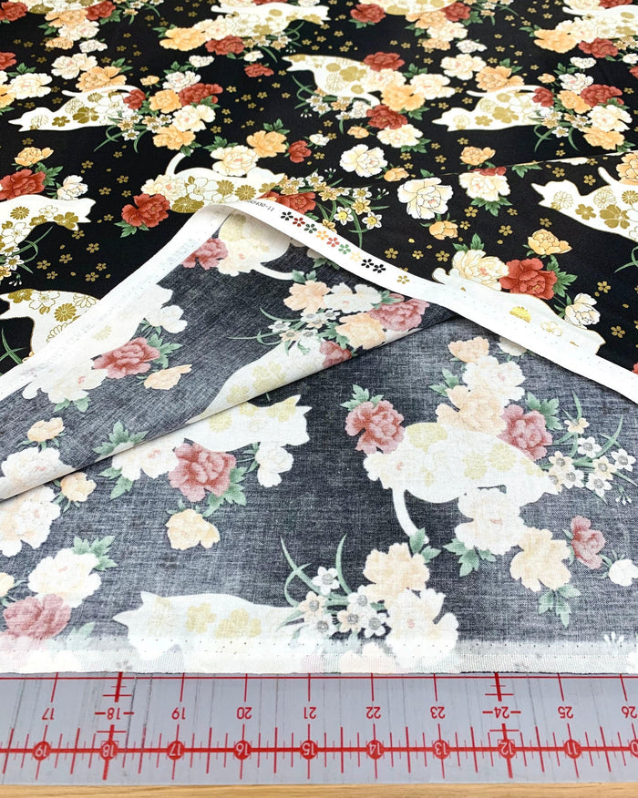 QuiltGate - Hyakka Ryoran Flower Cats Cotton Fabric - Black Burgundy Green Gold