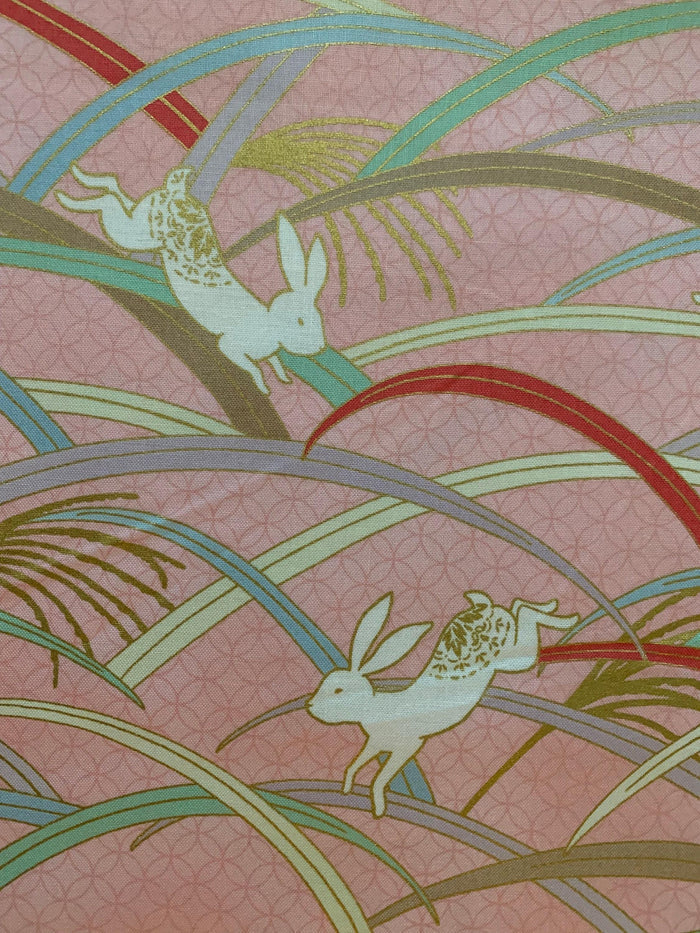 QuiltGate - Hyakka Ryoran Rabbits in the Grass Cotton Fabric - Pink