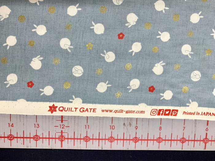 QuiltGate - Hyakka Ryoran Tiny Rabbits Cotton Fabric - Soft Blue