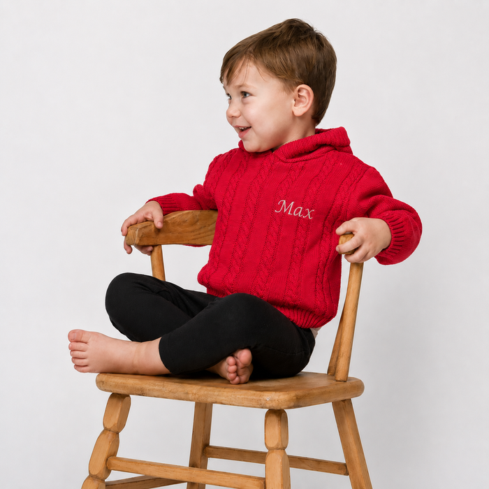 Red Cable Zip Back hooded Sweater