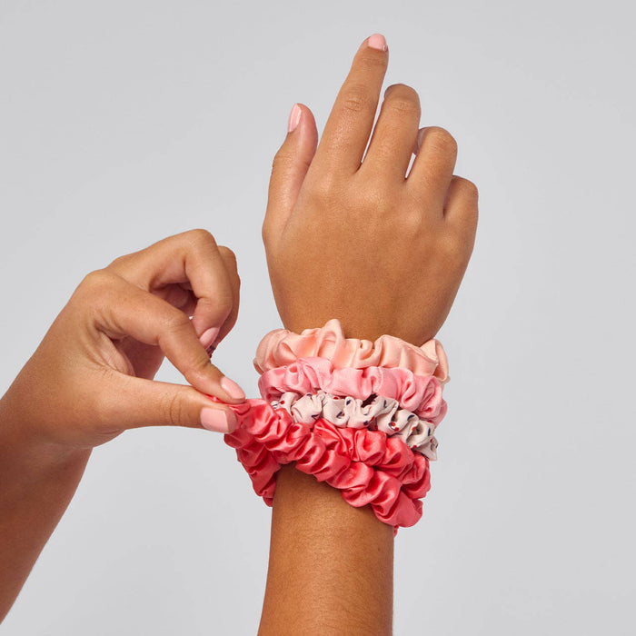 Ruched Satin Scrunchies 5pc Set - Cherry Blossom