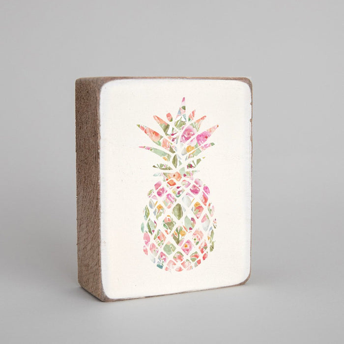 Rustic block pink floral pineapple design — personalized coastal home decor