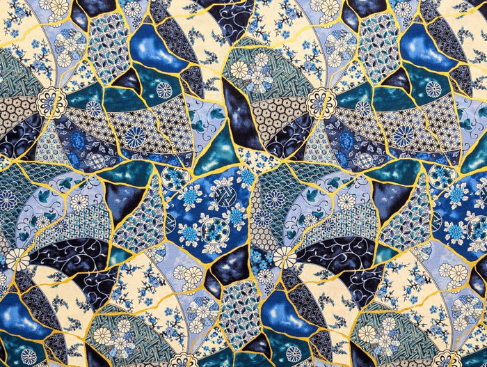 Senyo - Patterned Kintsugi Collage Cotton Fabric - Blue and White