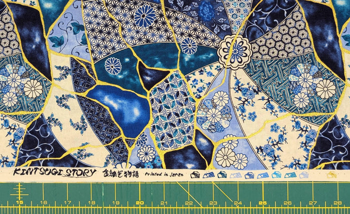 Senyo - Patterned Kintsugi Collage Cotton Fabric - Blue and White