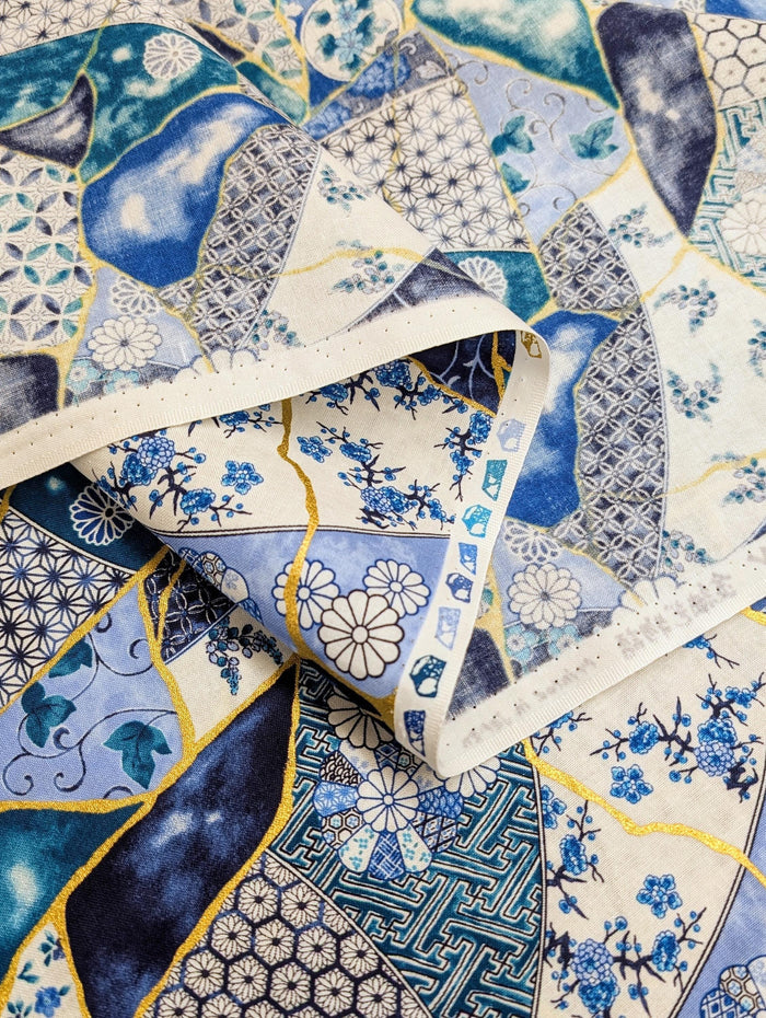 Senyo - Patterned Kintsugi Collage Cotton Fabric - Blue and White