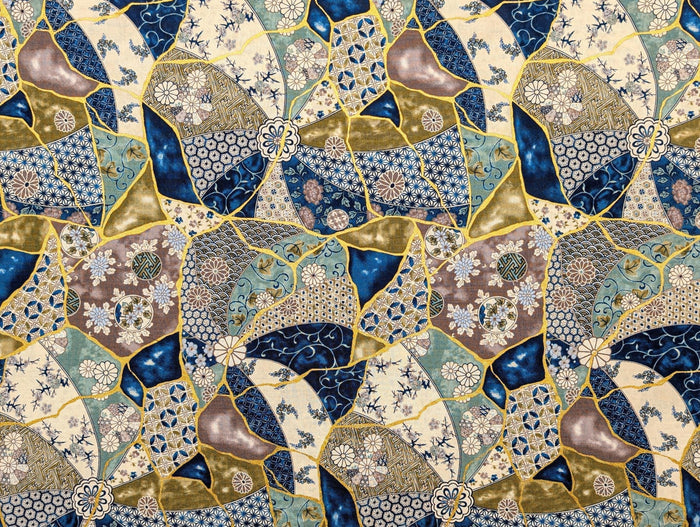 Senyo - Patterned Kintsugi Collage Cotton Fabric - Blue Gray White