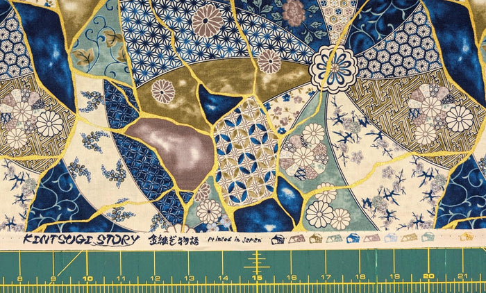 Senyo - Patterned Kintsugi Collage Cotton Fabric - Blue Gray White