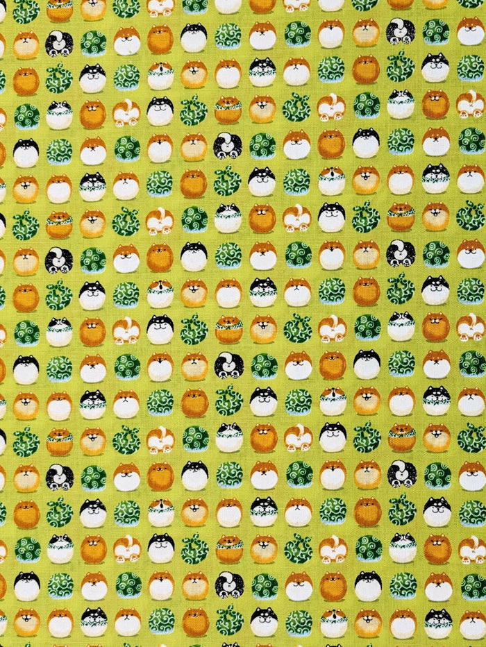 Senyo - Shibas With Furoshiki Cotton Fabric - Lime Green