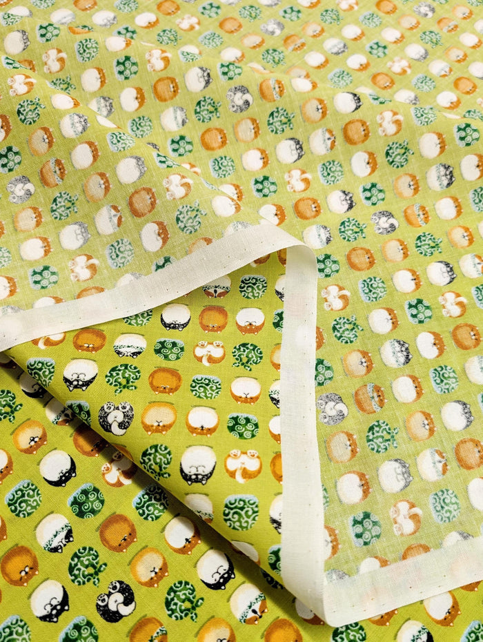 Senyo - Shibas With Furoshiki Cotton Fabric - Lime Green
