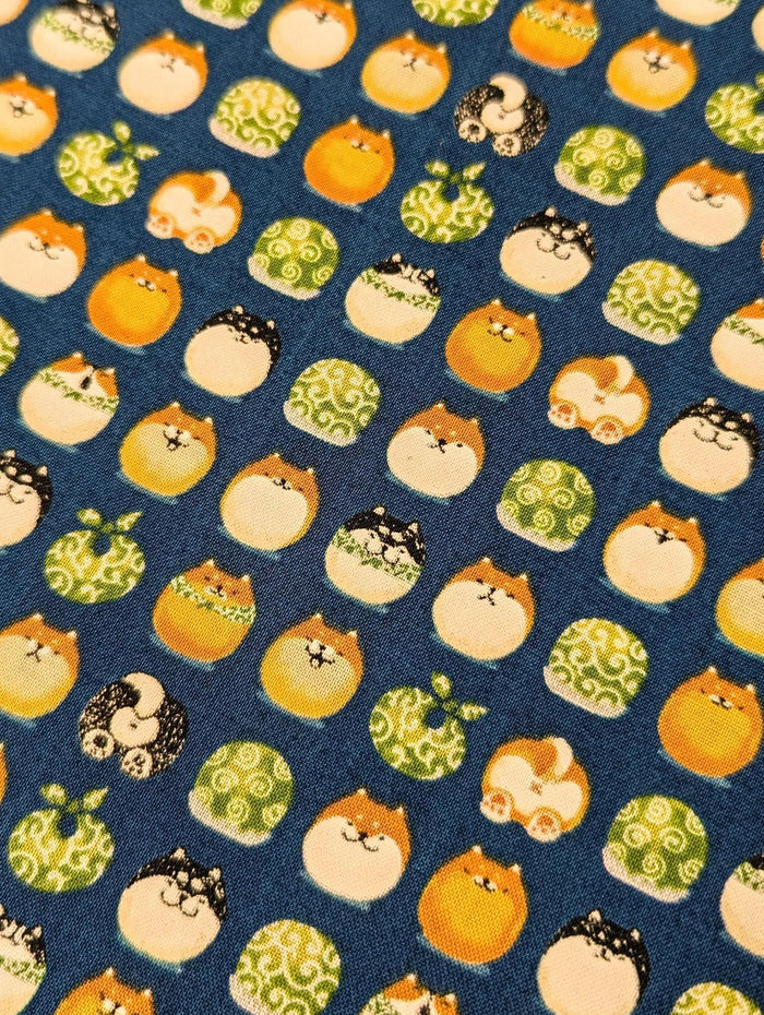 Senyo - Shibas With Furoshiki Cotton Fabric - Navy Blue
