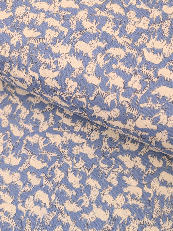 Sevenberry - Tiny African Animals Cotton Double Gauze Fabric - Blue