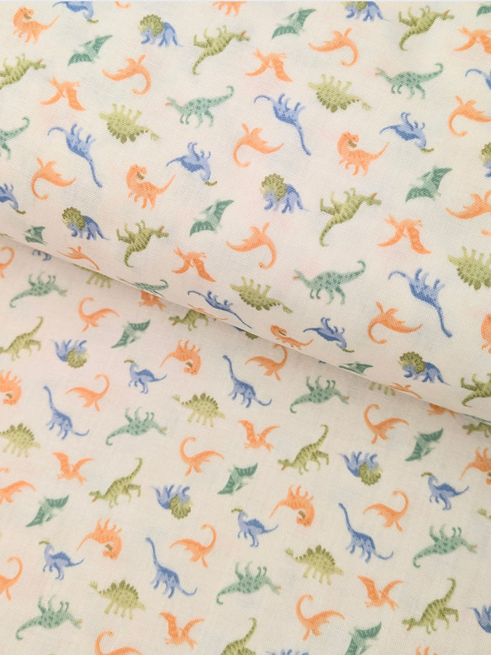 Sevenberry - Tiny Dinosaurs Cotton Double Gauze Fabric - White