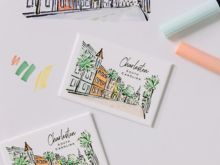 Texture Design Co. sherbet streets magnet next to markers and drawing of magnet on white background