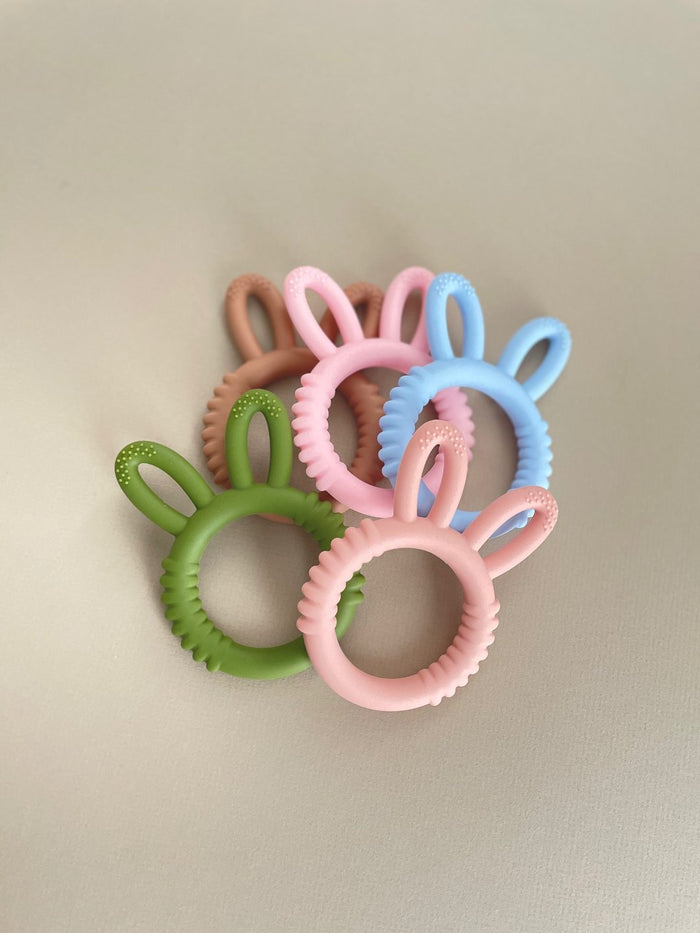 Silicone bunny teething ring — safe BPA-free baby teether, newborn gift