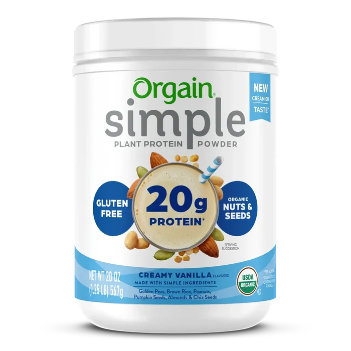 Front of Simple Organic Plant-Based Protein Powder - Creamy Vanilla  Flavor in the 1.25lb Canister Size