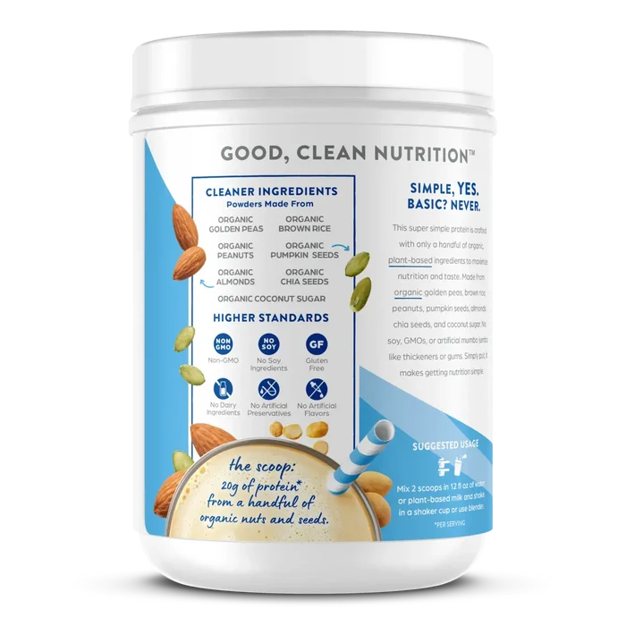 Left side of Simple Organic Plant-Based Protein Powder - Creamy Vanilla  Flavor in the 1.25lb Canister Size