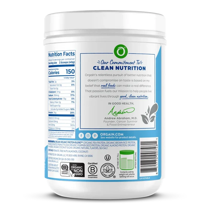 Right side of Simple Organic Plant-Based Protein Powder - Creamy Vanilla  Flavor in the 1.25lb Canister Size
