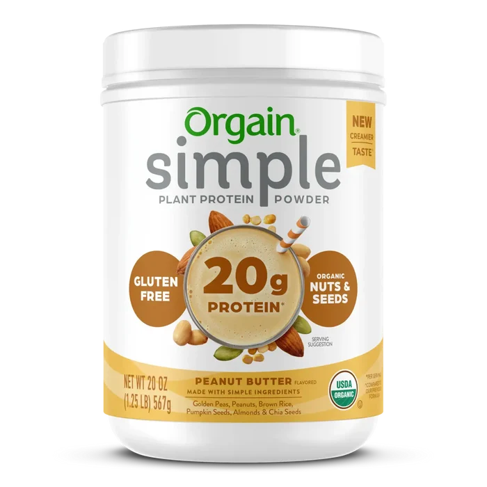 Front of Simple Organic Plant-Based Protein Powder - Peanut Butter  Flavor in the 1.25lb Canister Size