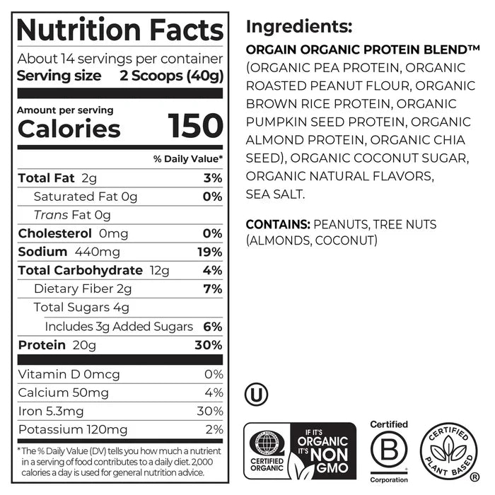 Nutrition fact panel and list of ingredients of Simple Organic Plant-Based Protein Powder - Peanut Butter  Flavor in the 1.25lb Canister Size