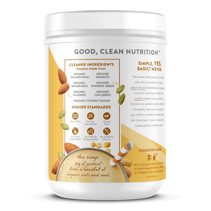 Left side of Simple Organic Plant-Based Protein Powder - Peanut Butter  Flavor in the 1.25lb Canister Size
