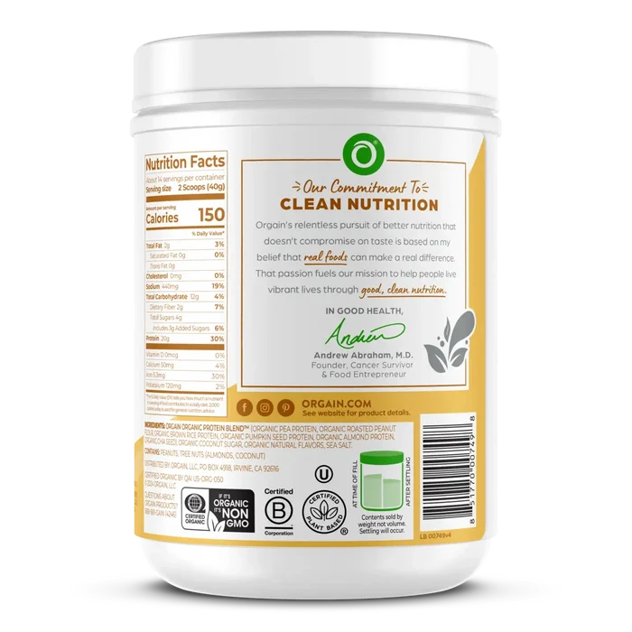 Right side of Simple Organic Plant-Based Protein Powder - Peanut Butter  Flavor in the 1.25lb Canister Size