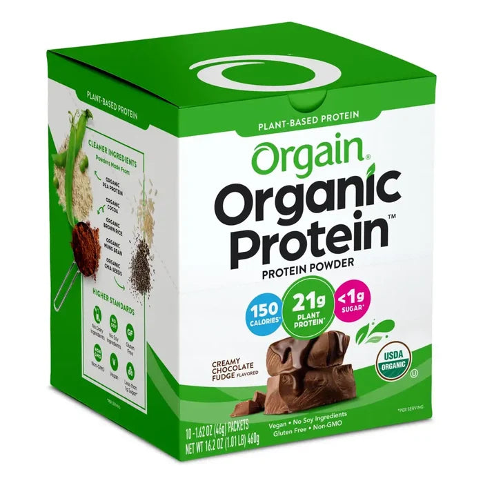 Angle view of Orgain organic protein powder chocolate flavor in 10-pack single serve size