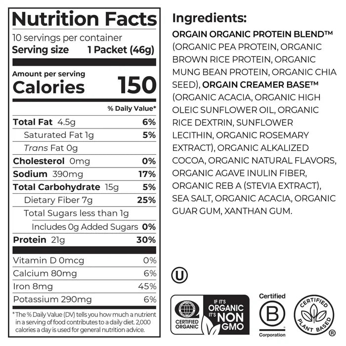 Angle view of Orgain organic protein powder chocolate flavor in 10-pack single serve size