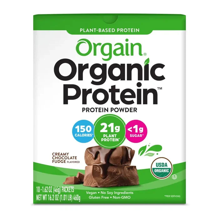 front view of Orgain organic protein powder chocolate flavor in 10-pack single serve size